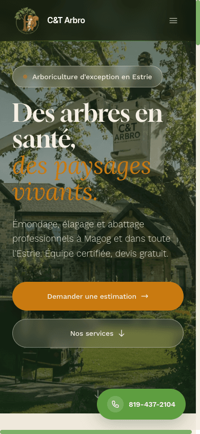 Site vitrine C&T Arbro sur mobile — réalisation Web Estrie